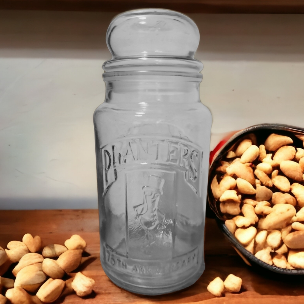 Vtg 81 Planter's MR. PEANUT GLASS 75TH Anniversary Seal Jar Apothecary Canister